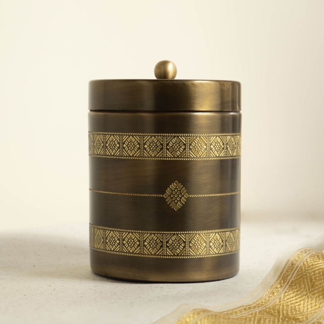 Antique Finish Kitchen Jar for Tea, Sugar or other storage made with Pure Brass in a Kanjeevaram design theme