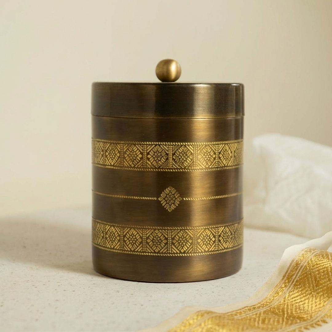Antique Finish Kanjeevaram theme Handcrafted pure brass storage jar with traditional etching, ideal for kitchen storage, adding timeless Indian elegance.
