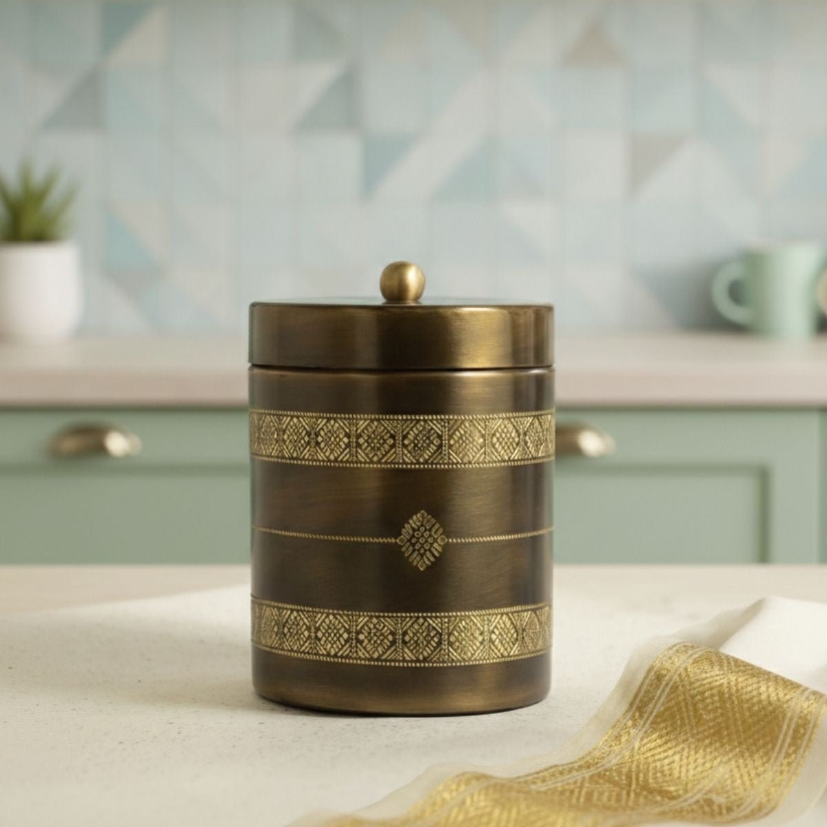 Antique Finish Kanjeevaram theme Handcrafted pure brass storage jar with traditional etching, ideal for kitchen storage, adding timeless Indian elegance.