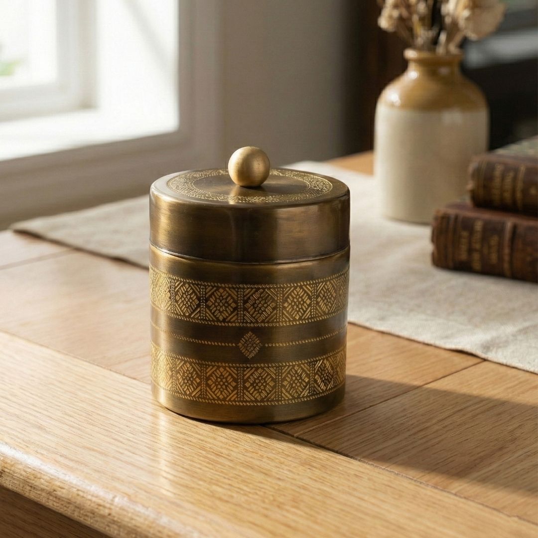 Antique Finish Kanjeevaram theme Handcrafted pure brass storage jar with traditional etching, ideal for kitchen storage, adding timeless Indian elegance.