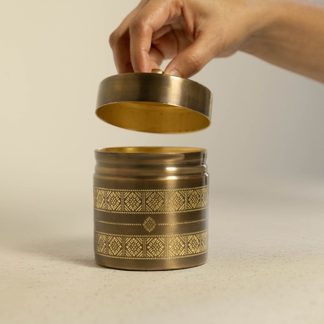 Antique Finish Kanjeevaram theme Handcrafted pure brass storage jar with traditional etching, ideal for kitchen storage, adding timeless Indian elegance.