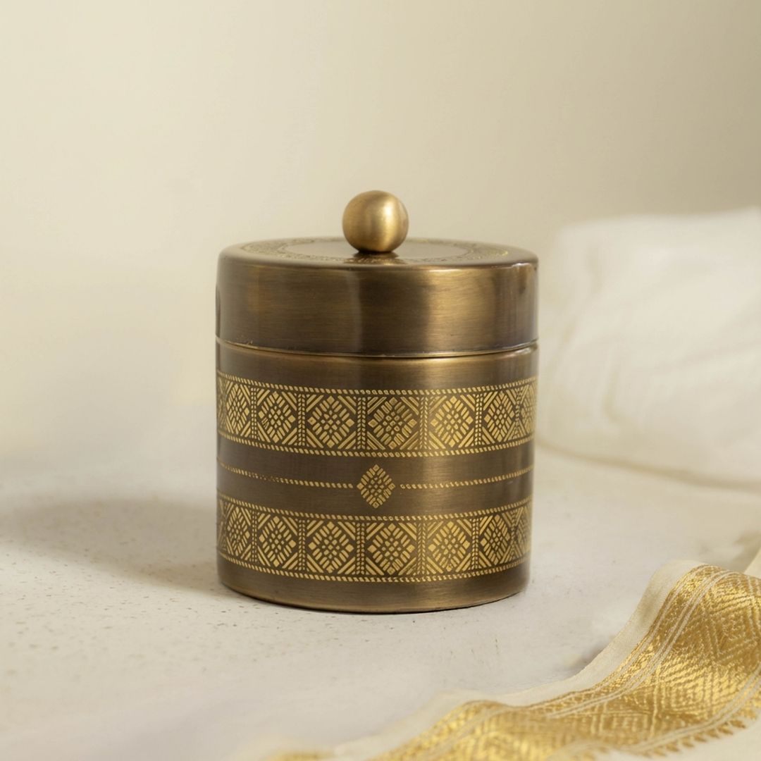 Antique Finish Kitchen Jar for Tea, Sugar or other storage made with Pure Brass in a Kanjeevaram design theme