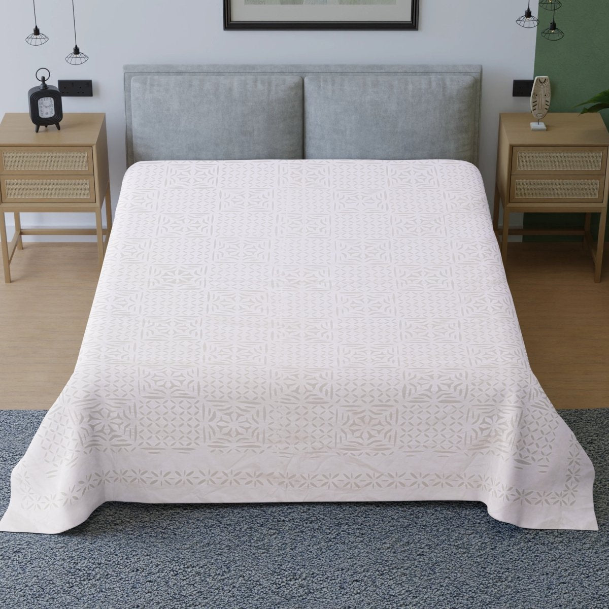 Applique Cutwork Cotton Double Bed Cover in White Summer Solace Handmade in India