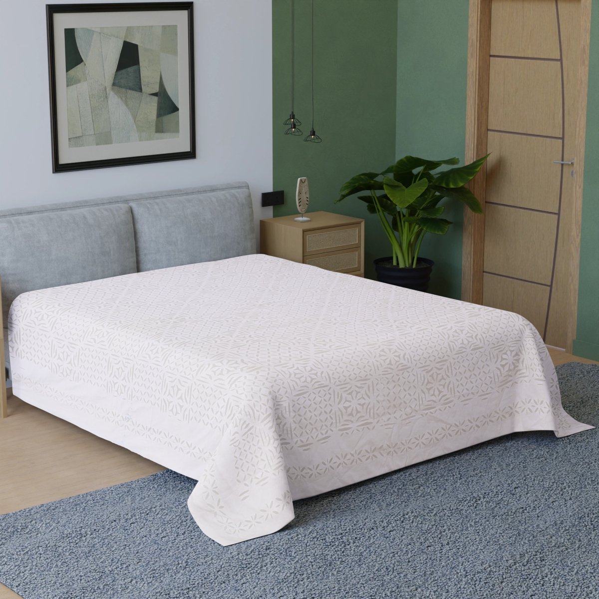 Applique Cutwork Cotton Double Bed Cover in White Summer Solace Handmade in India