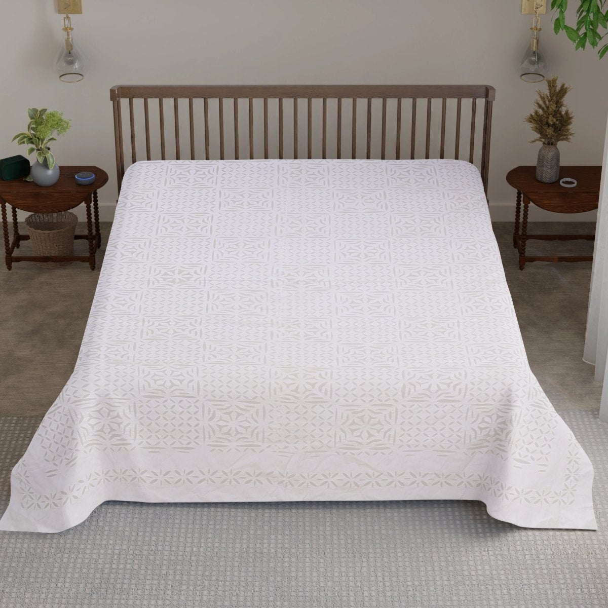Applique Cutwork Cotton Double Bed Cover in White Summer Solace Handmade in India
