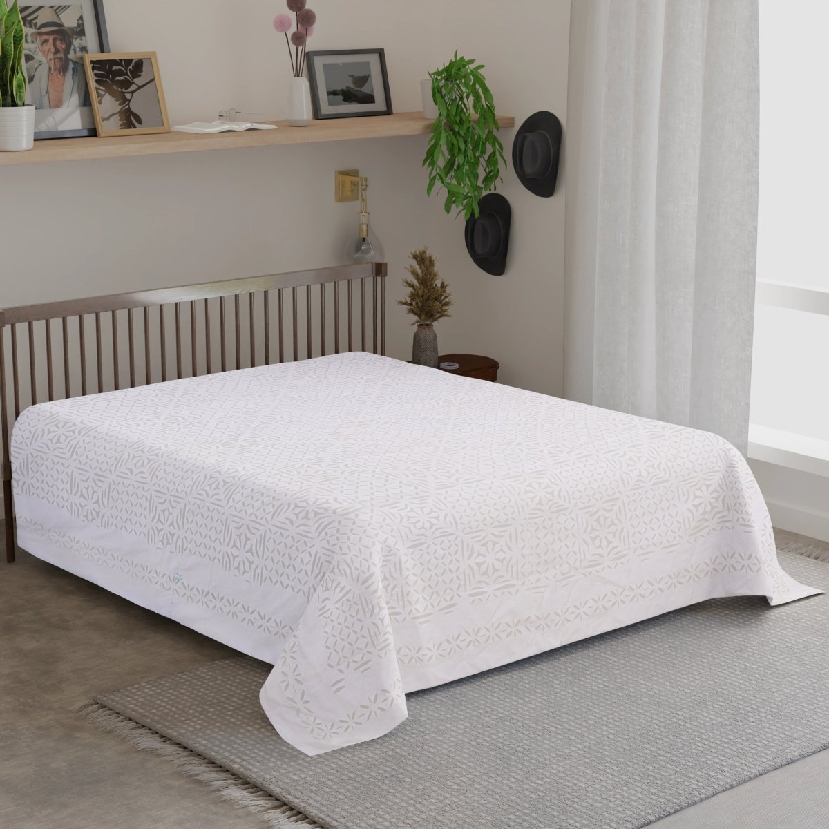 Applique Cutwork Cotton Double Bed Cover in White Summer Solace Handmade in India