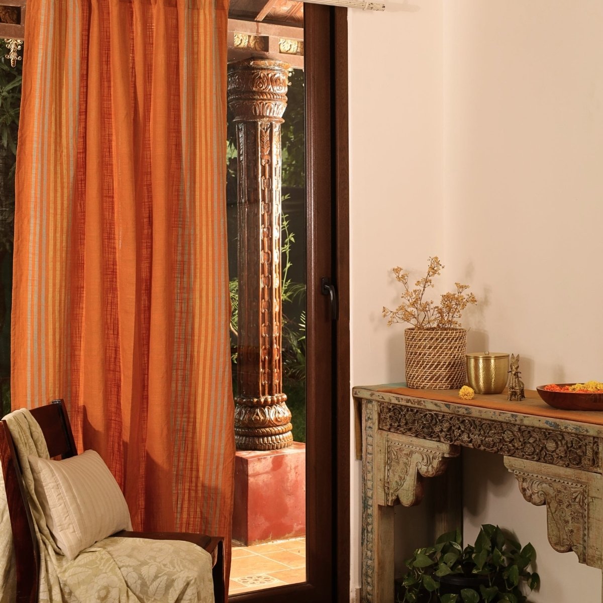 Pure Cotton Semi Blackout Curtains in Apricot and Rust colour with 60% light blocking | Best curtains for living room