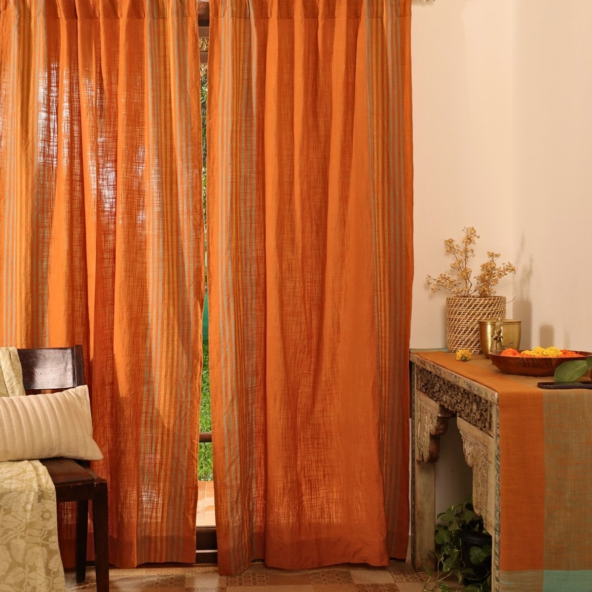 Pure Cotton Semi Blackout Curtains in Apricot and Rust colour with 60% light blocking | Best curtains for living room