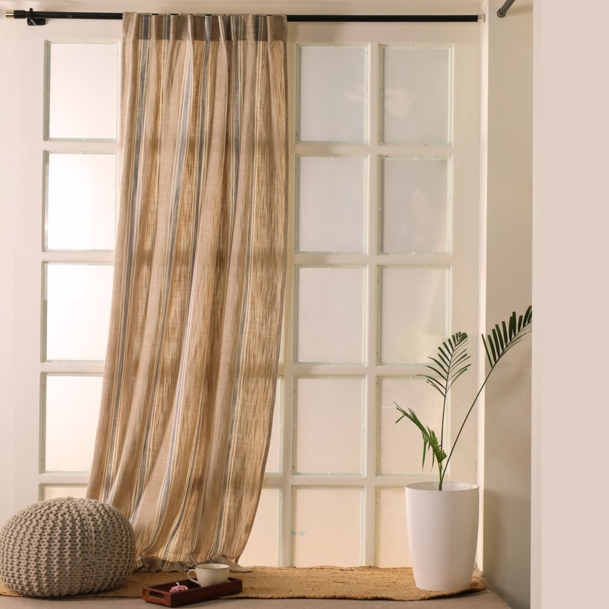 Beige & Blue Handwoven Cotton Striped Curtain 7 ft
