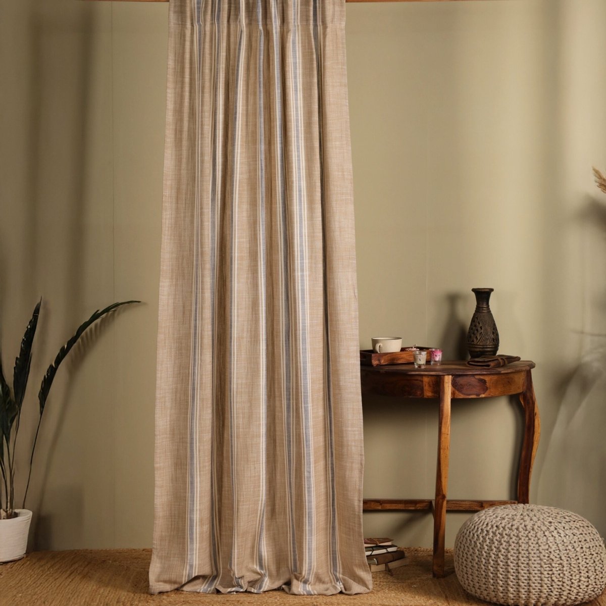 Beige & Blue Handwoven Cotton Striped Curtain 7 ft