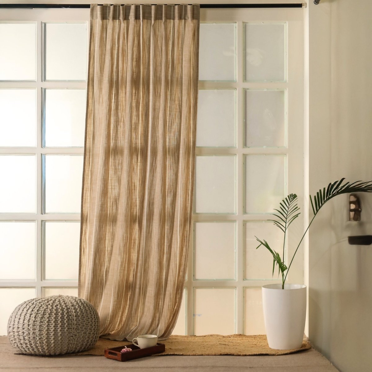 Beige Handwoven Cotton Striped Curtain 7 ft
