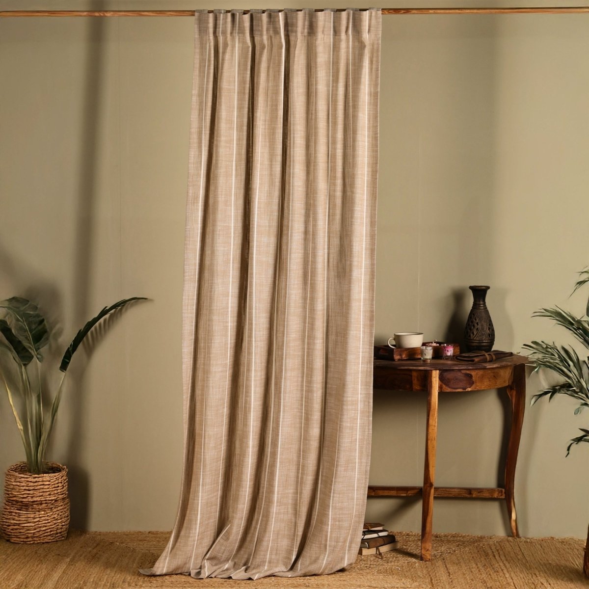 Beige Handwoven Cotton Striped Curtain 7 ft