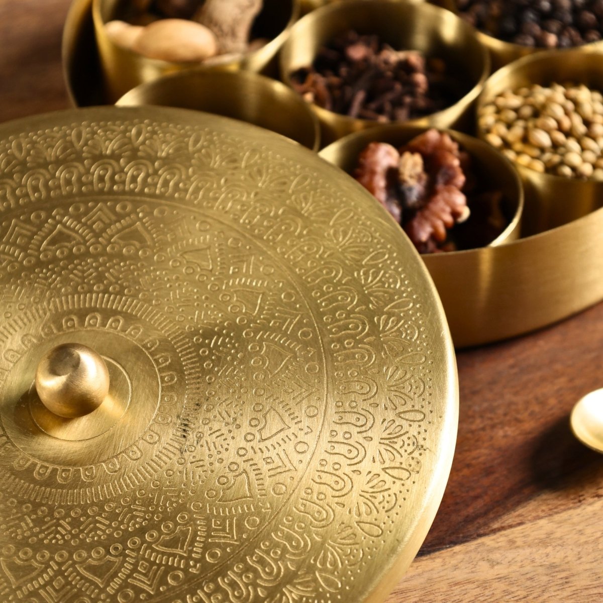 Pure Brass kitchen masala box | Traditional Engraved designed kitchenware