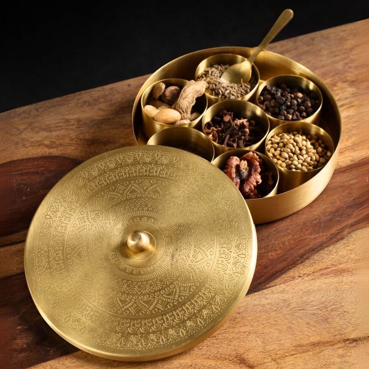 Pure Brass kitchen masala box | Traditional Engraved designed kitchenware