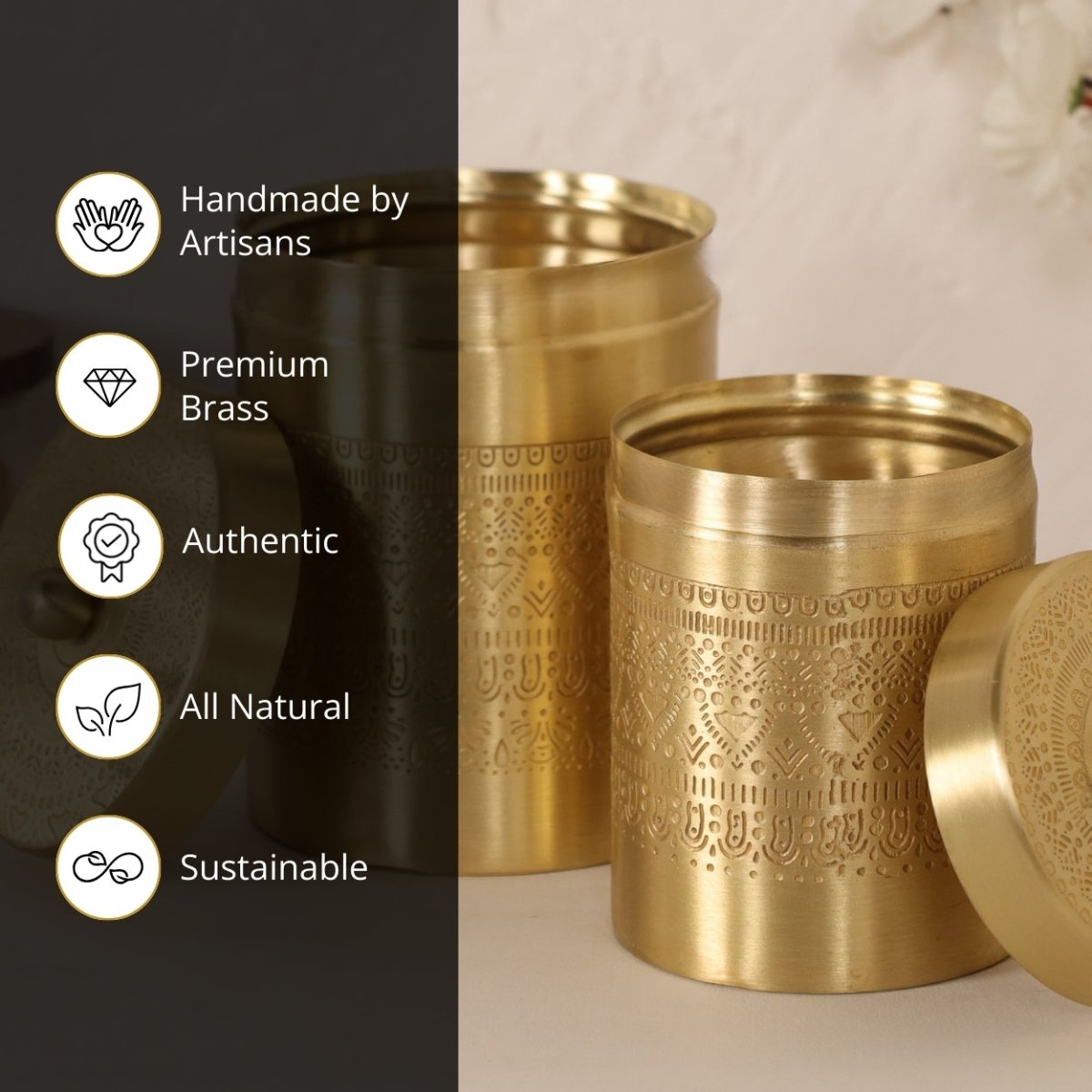 Handcrafted pure brass storage jar with traditional etching, ideal for kitchen storage, adding timeless Indian elegance.