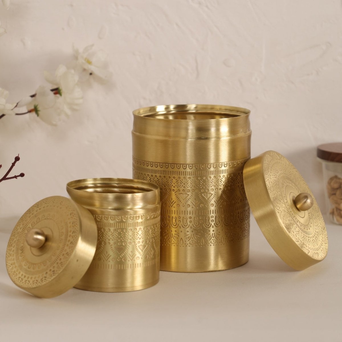 Handcrafted pure brass storage jar with traditional etching, ideal for kitchen storage, adding timeless Indian elegance.