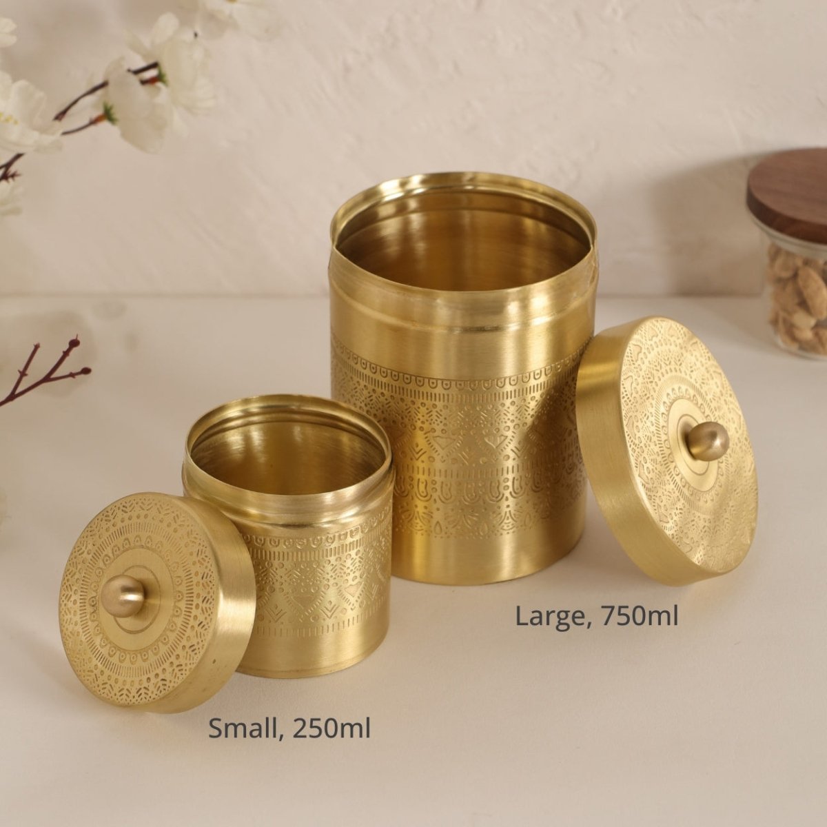 Handcrafted pure brass storage jar with traditional etching, ideal for kitchen storage, adding timeless Indian elegance.