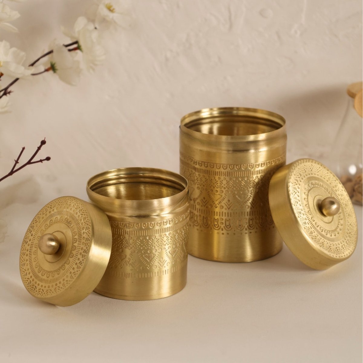 Handcrafted pure brass storage jar with traditional etching, ideal for kitchen storage, adding timeless Indian elegance.