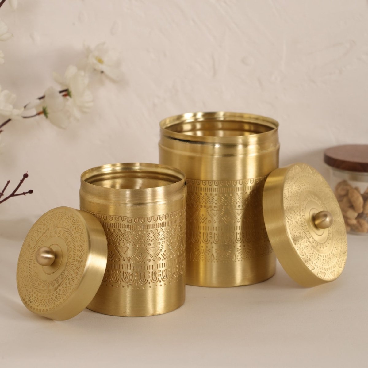 Handcrafted pure brass storage jar with traditional etching, ideal for kitchen storage, adding timeless Indian elegance.