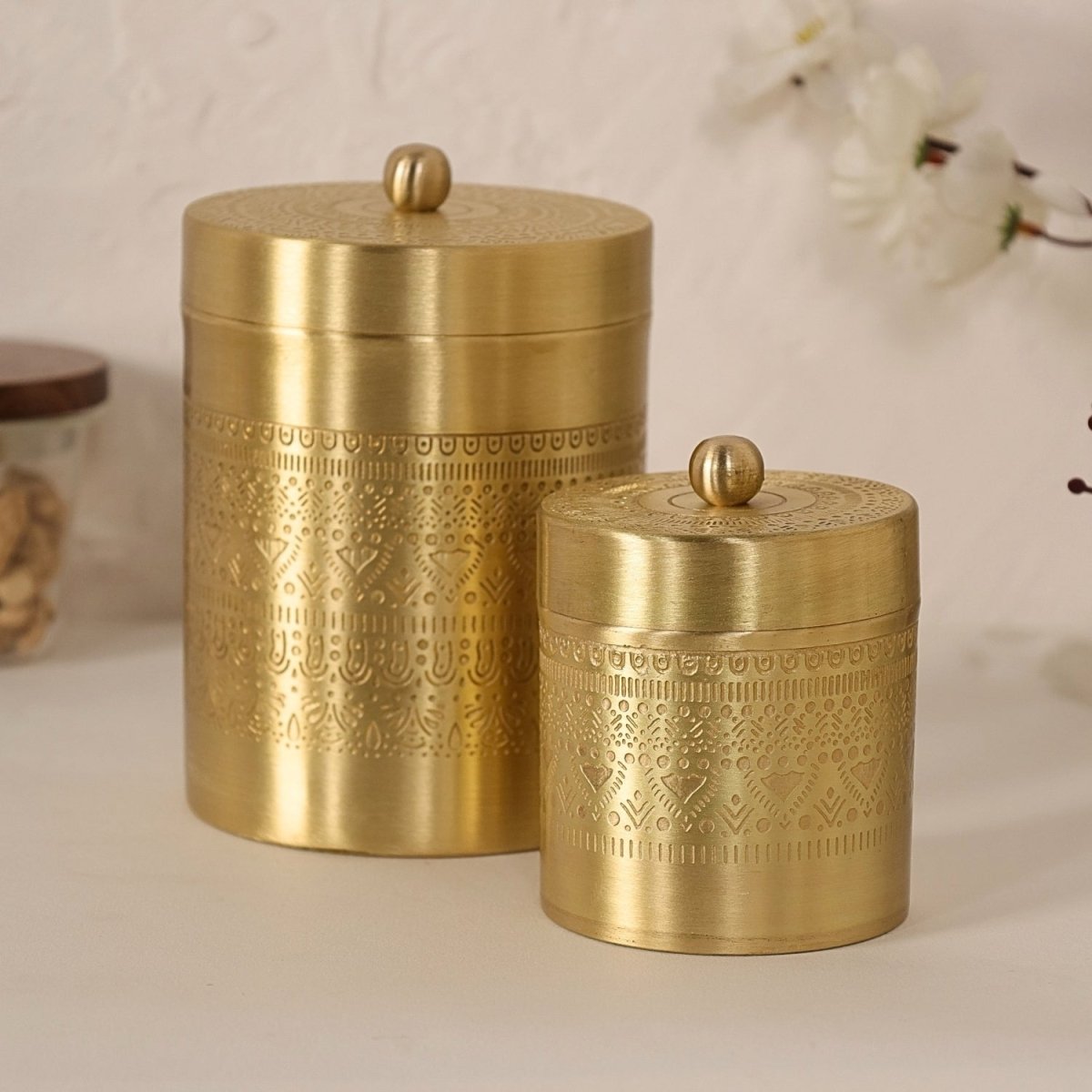 Handcrafted pure brass storage jar with traditional etching, ideal for kitchen storage, adding timeless Indian elegance.