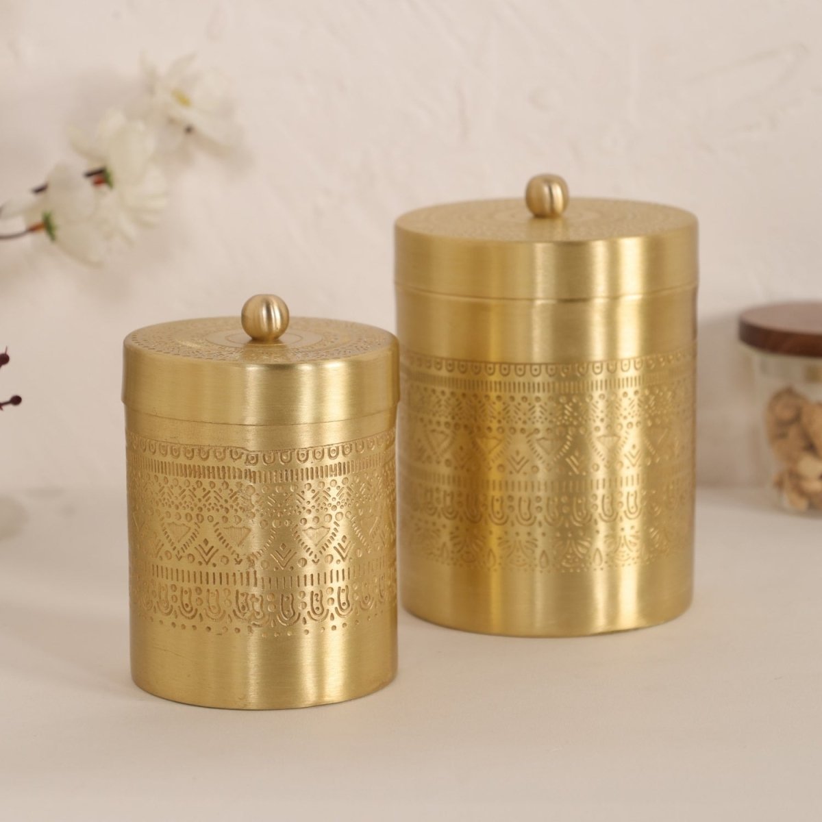 Handcrafted pure brass storage jar with traditional etching, ideal for kitchen storage, adding timeless Indian elegance.