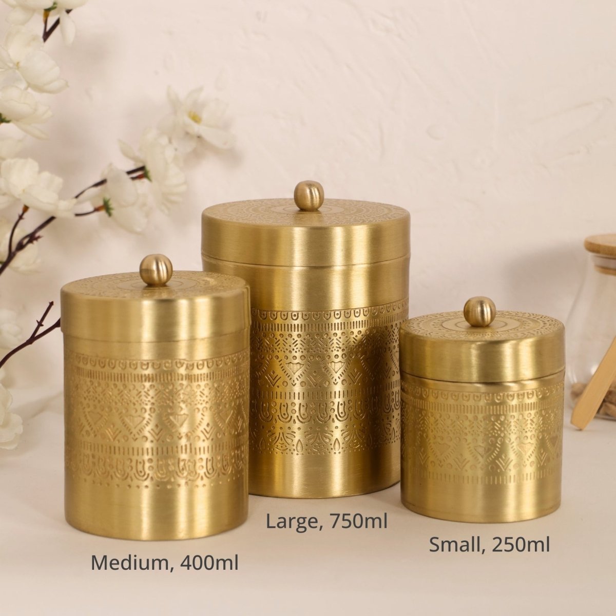 Handcrafted pure brass storage jar with traditional etching, ideal for kitchen storage, adding timeless Indian elegance.
