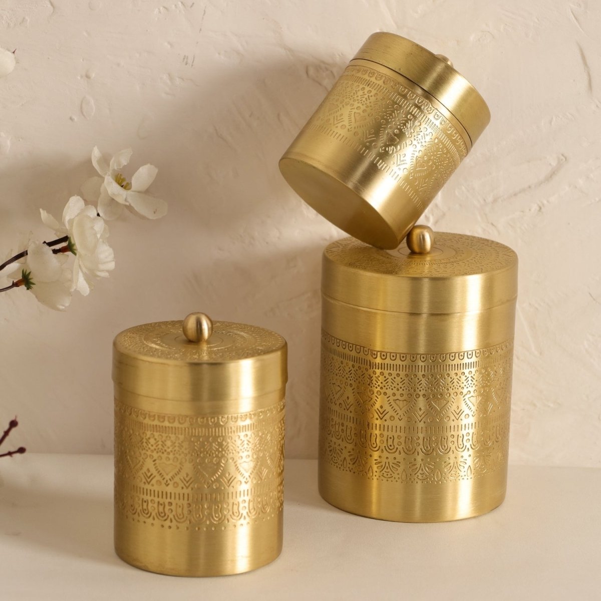 Handcrafted pure brass storage jar with traditional etching, ideal for kitchen storage, adding timeless Indian elegance.