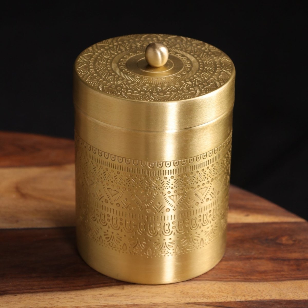 Handcrafted pure brass storage jar with traditional etching, ideal for kitchen storage, adding timeless Indian elegance.