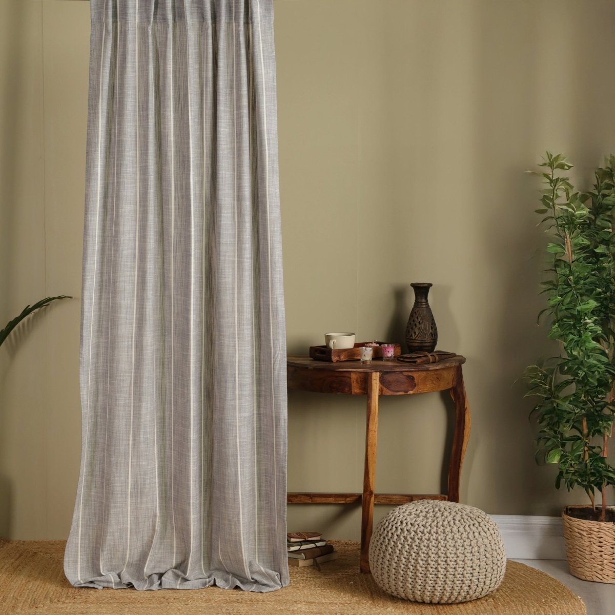 Cotton Curtain Handwoven in Charcoal colour and Striped Design