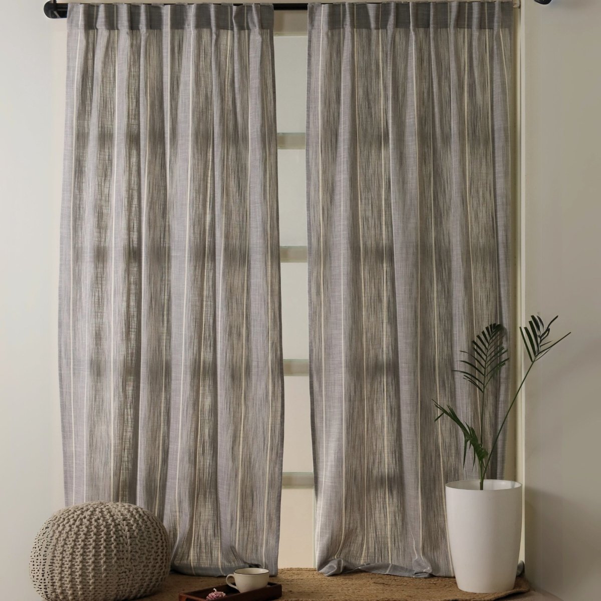 Cotton Curtain Handwoven in Charcoal colour and Striped Design
