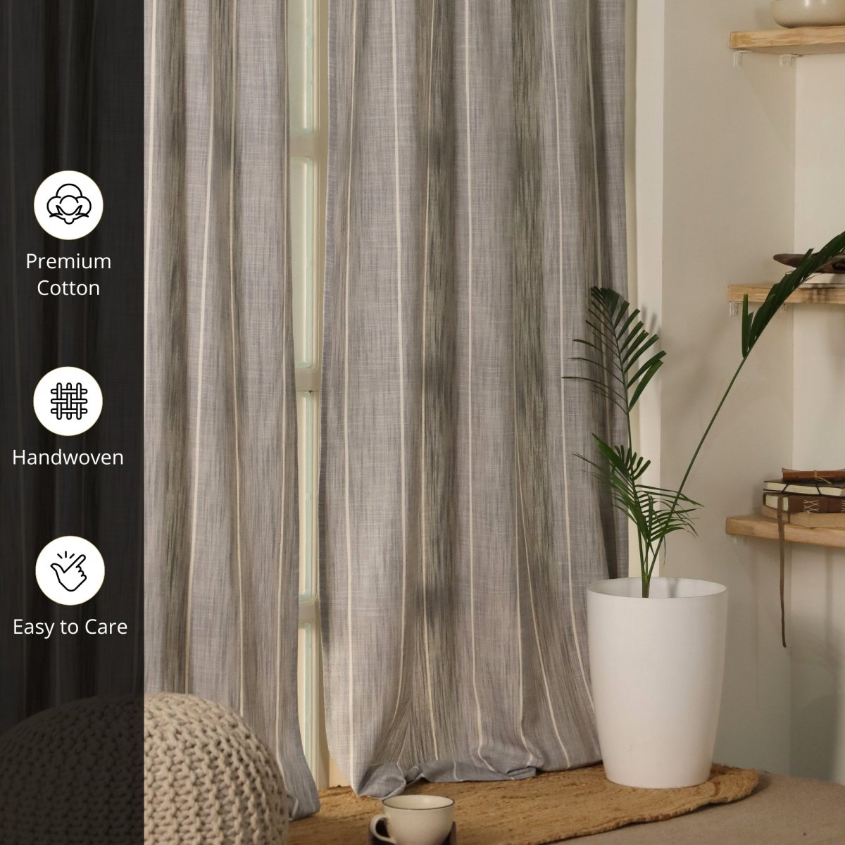 Cotton Curtain Handwoven in Charcoal colour and Striped Design