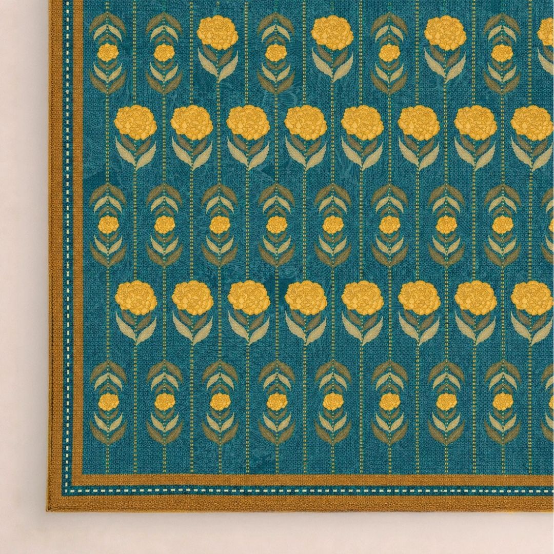 Chenille Rug in Blue and Yellow | Floral Marigold Blooms  | Washable Area Rug with Anti-Skid Mat| Enchanted Forest Collection