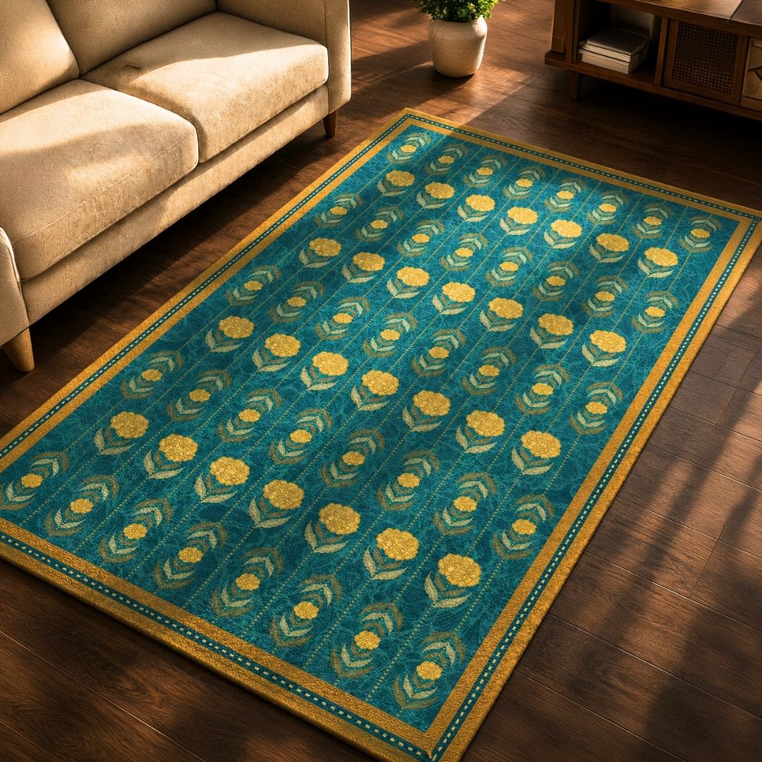 Chenille Rug in Blue and Yellow | Floral Marigold Blooms  | Washable Area Rug with Anti-Skid Mat| Enchanted Forest Collection