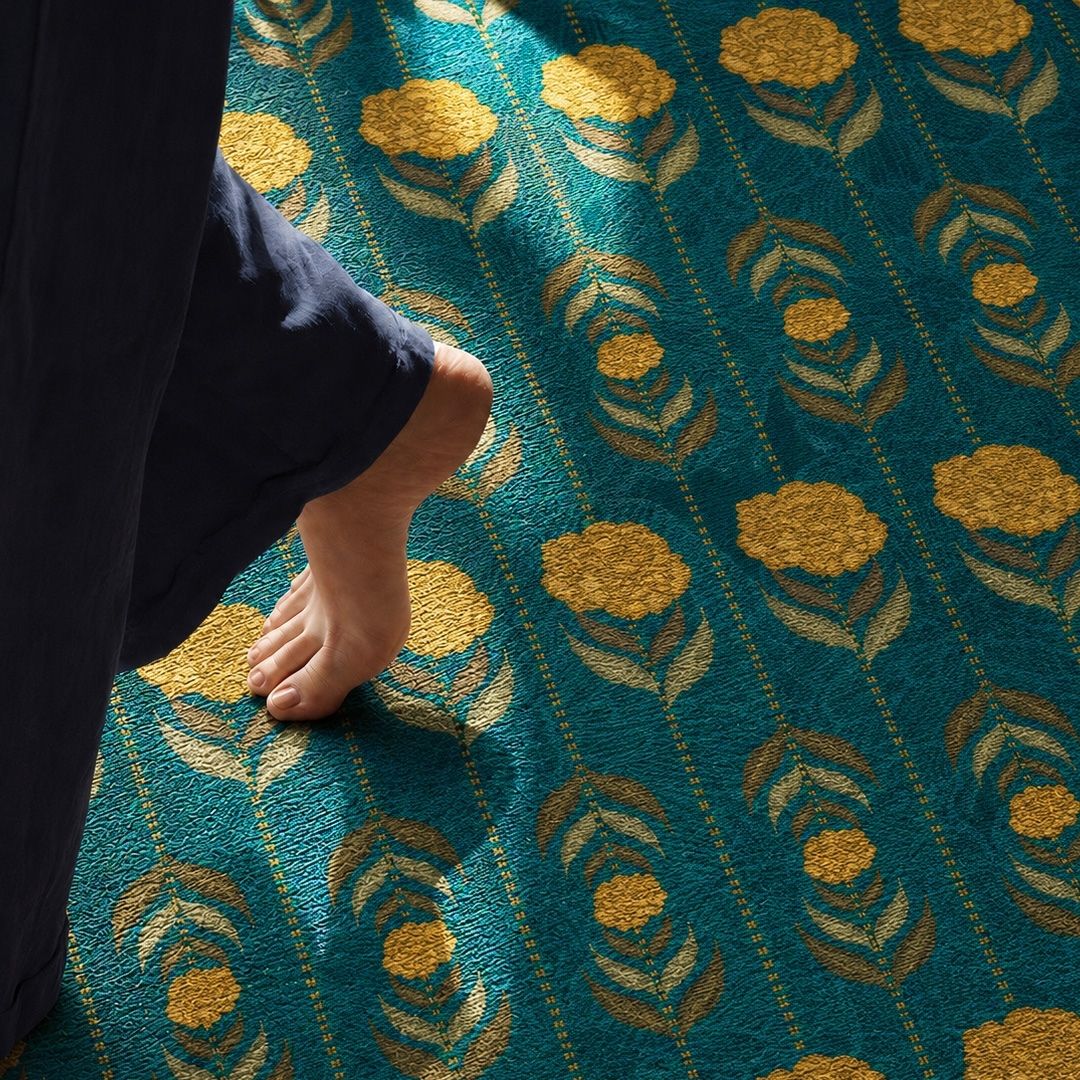 Chenille Rug in Blue and Yellow | Floral Marigold Blooms  | Washable Area Rug with Anti-Skid Mat| Enchanted Forest Collection