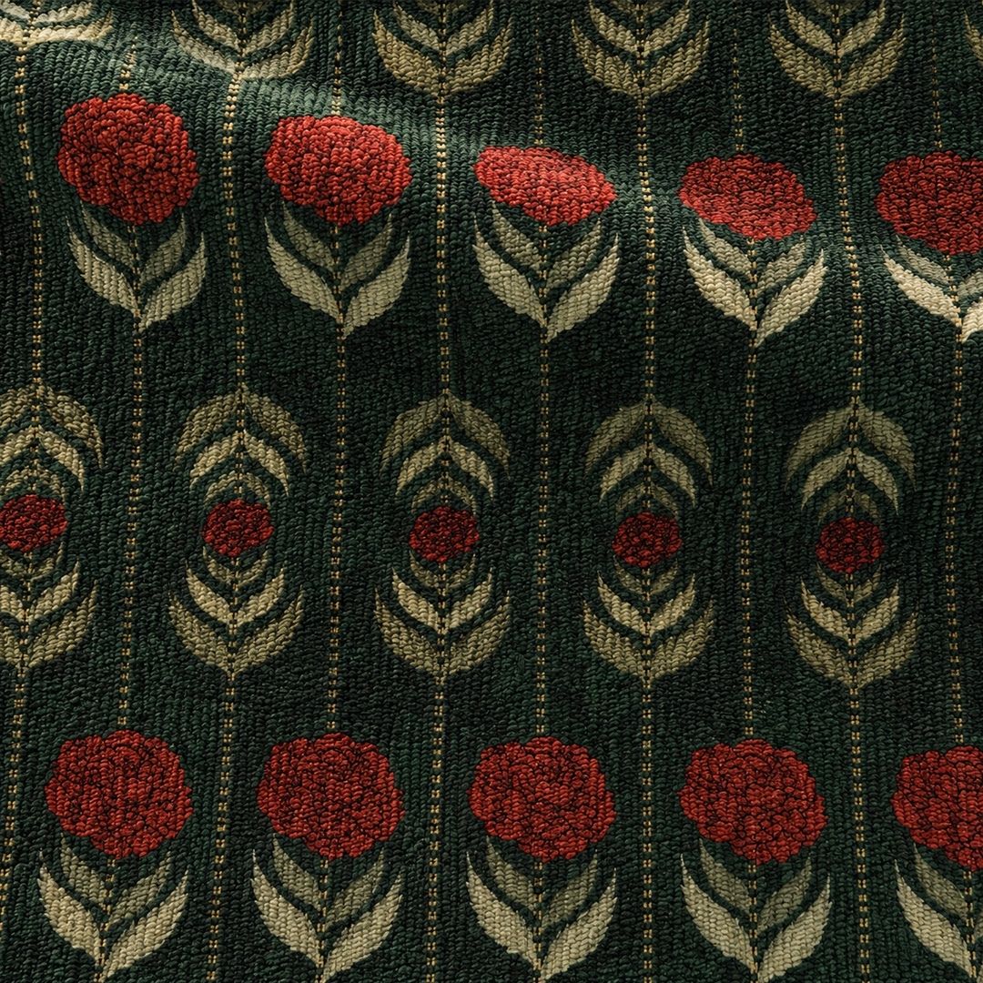 Chenille Rug in Dark Green and Red Floral Chrysanthemum Blooms | Washable Area Rug with Anti-Skid Mat| Enchanted Forest Collection