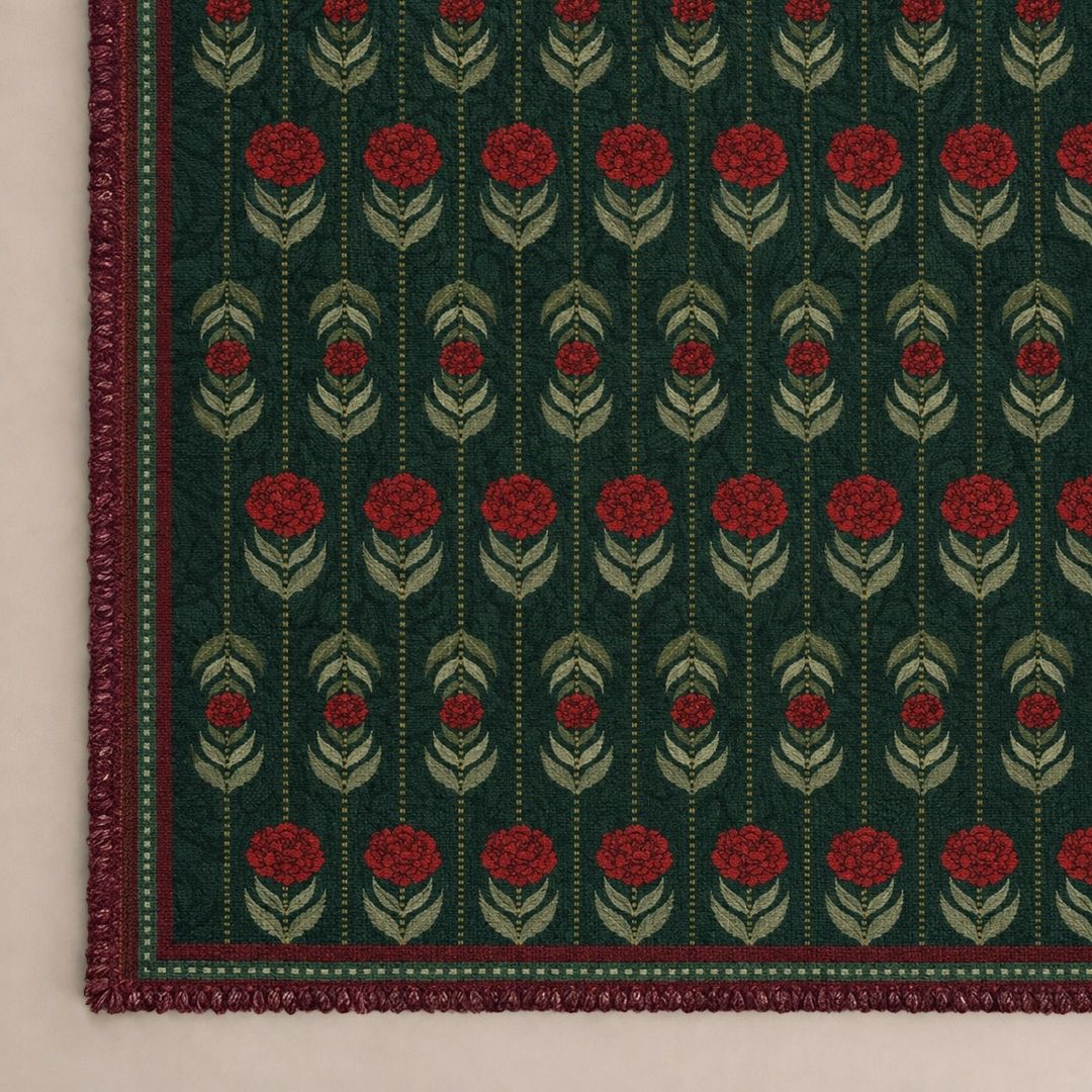Chenille Rug in Dark Green and Red Floral Chrysanthemum Blooms | Washable Area Rug with Anti-Skid Mat| Enchanted Forest Collection
