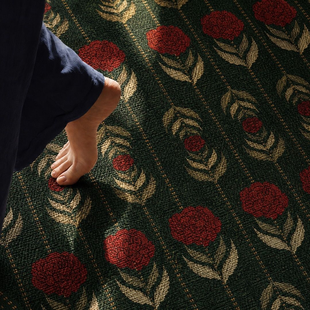 Chenille Rug in Dark Green and Red Floral Chrysanthemum Blooms | Washable Area Rug with Anti-Skid Mat| Enchanted Forest Collection