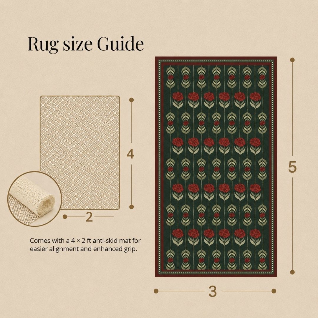 Chenille Rug in Dark Green and Red Floral Chrysanthemum Blooms | Washable Area Rug with Anti-Skid Mat| Enchanted Forest Collection