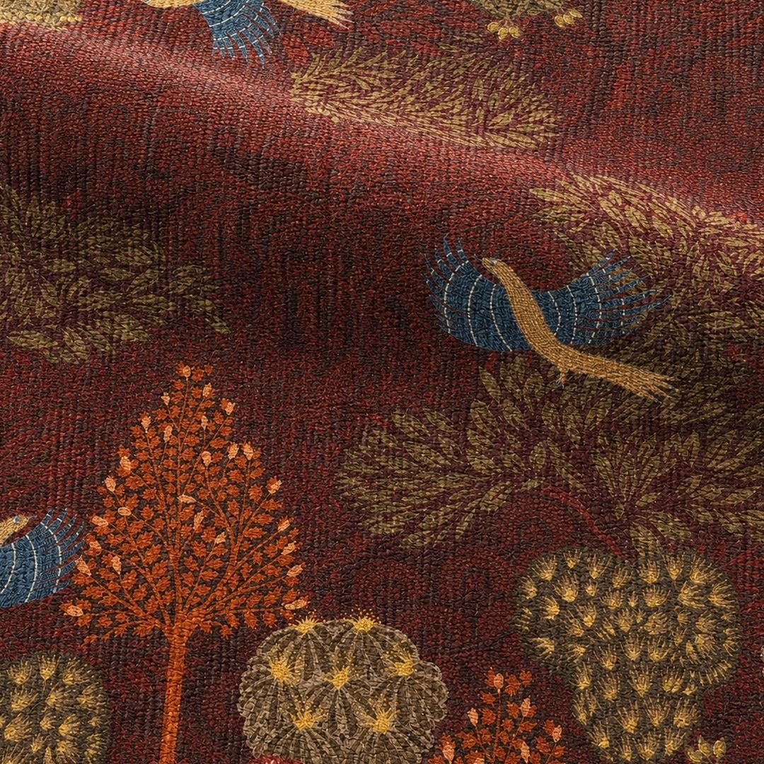 Chenille Rug in Maroon Rust and Green | Gond Art Inspired |  Washable Area Rug with Anti-Skid Mat | Enchanted Forest Collection