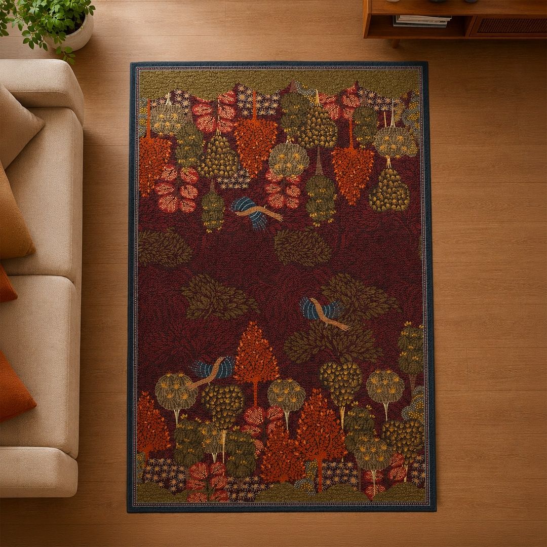 Chenille Rug in Maroon Rust and Green | Gond Art Inspired |  Washable Area Rug with Anti-Skid Mat | Enchanted Forest Collection