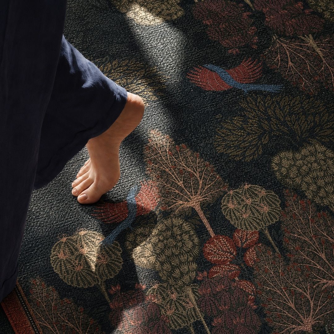 Chenille Rug in Midnight Blue and Green for Living Room or Bedroom | Gond Art Inspired | Washable Area Rug with Anti Skid Mat | Enchanted Forest Collection