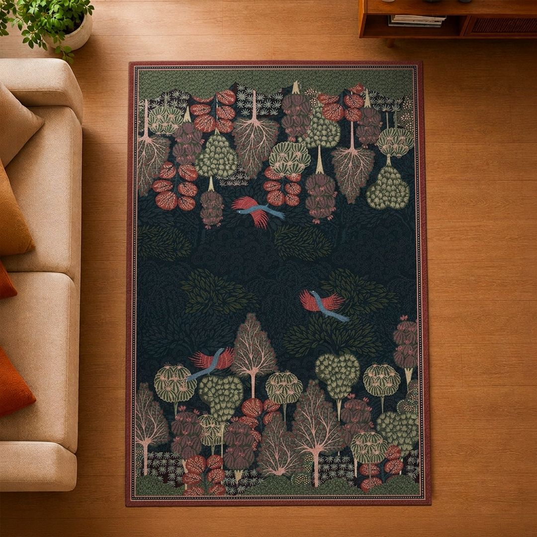 Chenille Rug in Midnight Blue and Green for Living Room or Bedroom | Gond Art Inspired | Washable Area Rug with Anti Skid Mat | Enchanted Forest Collection