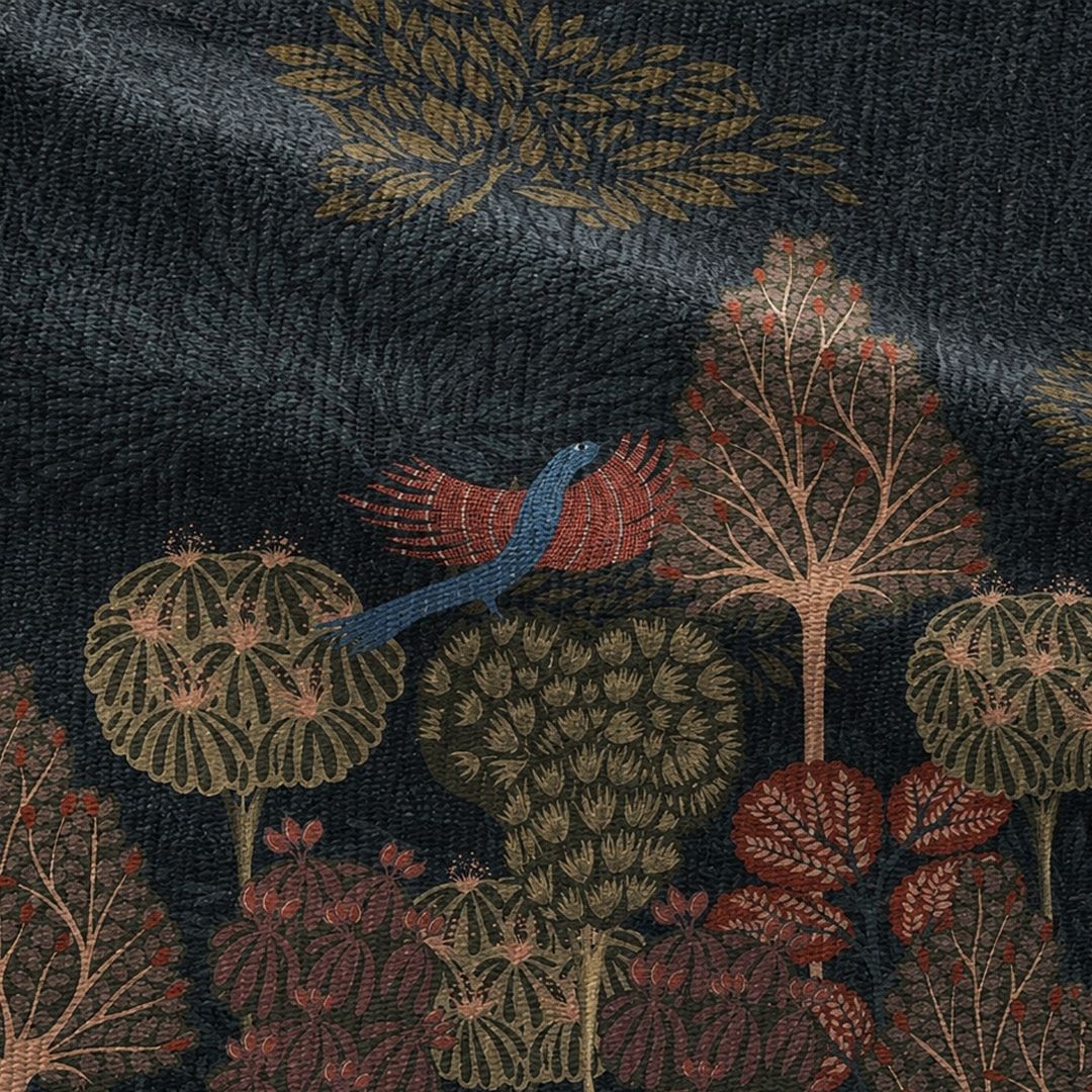 Chenille Rug in Midnight Blue and Green for Living Room or Bedroom | Gond Art Inspired | Washable Area Rug with Anti Skid Mat | Enchanted Forest Collection