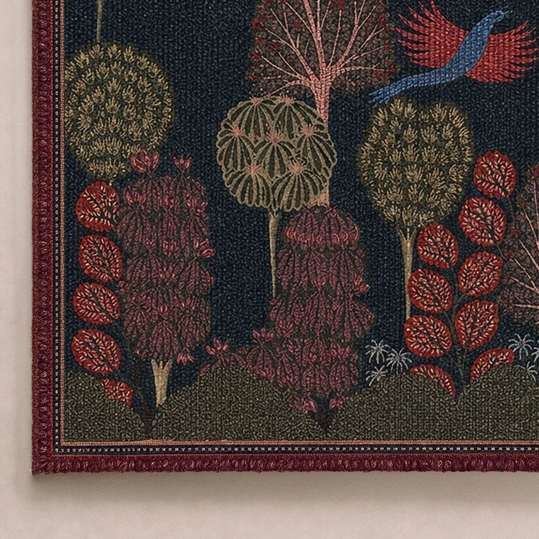 Chenille Rug in Midnight Blue and Green for Living Room or Bedroom | Gond Art Inspired | Washable Area Rug with Anti Skid Mat | Enchanted Forest Collection