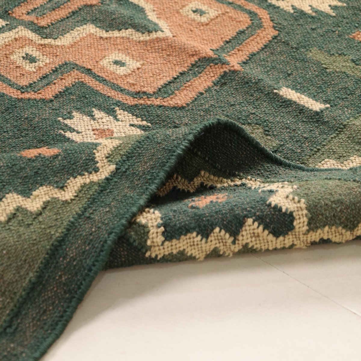 Green and Peach Cotton Block Printed Living Room Rugs. Best as bedroom rug as well.