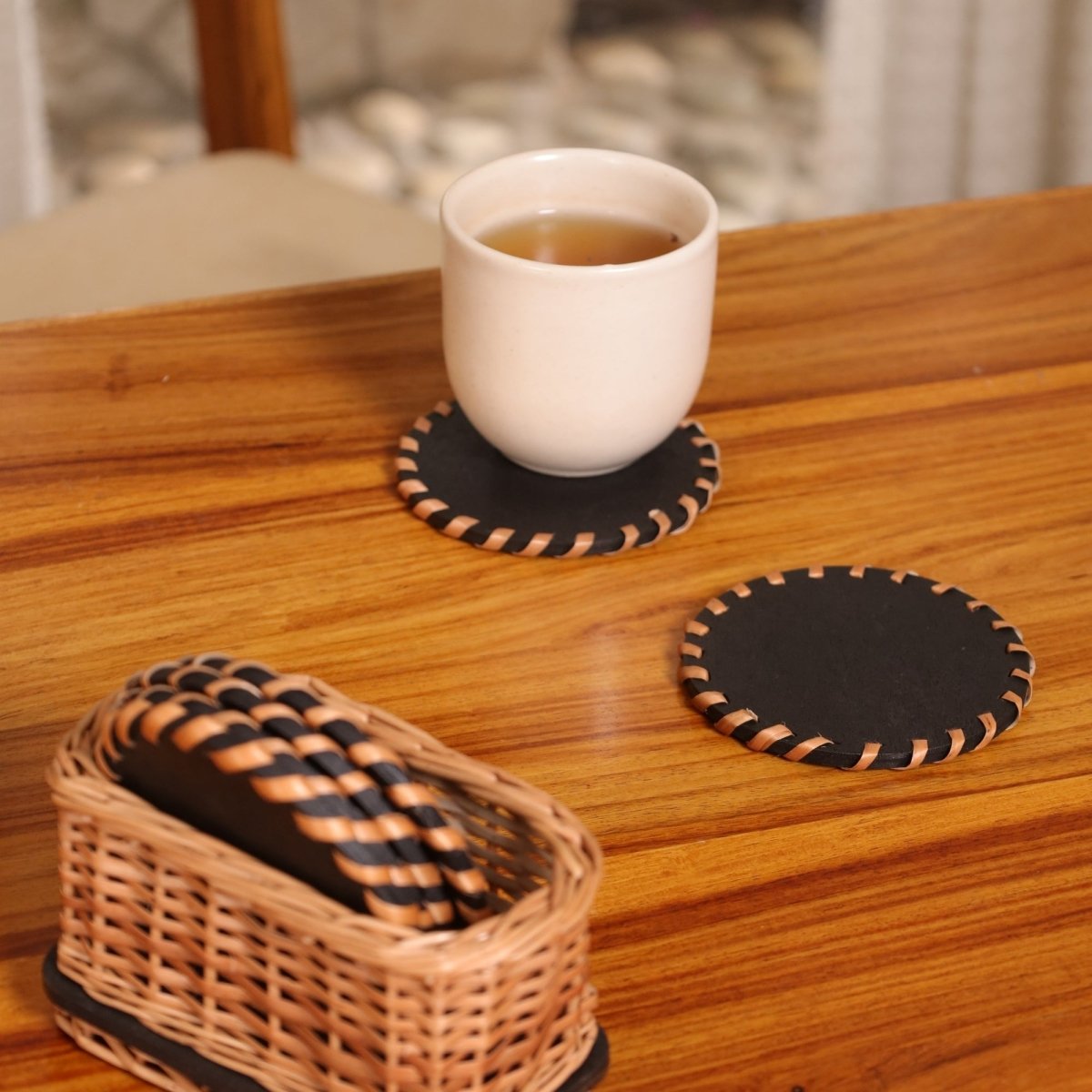 Coasters in Wicker and Wood | Set of 6 | Dining and Coffee Table | Eco friendly Heat resistant and Durable | Handmade in India - Set of 6