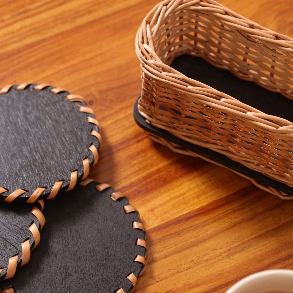 Coasters in Wicker and Wood | Set of 6 | Dining and Coffee Table | Eco friendly Heat resistant and Durable | Handmade in India - Set of 6