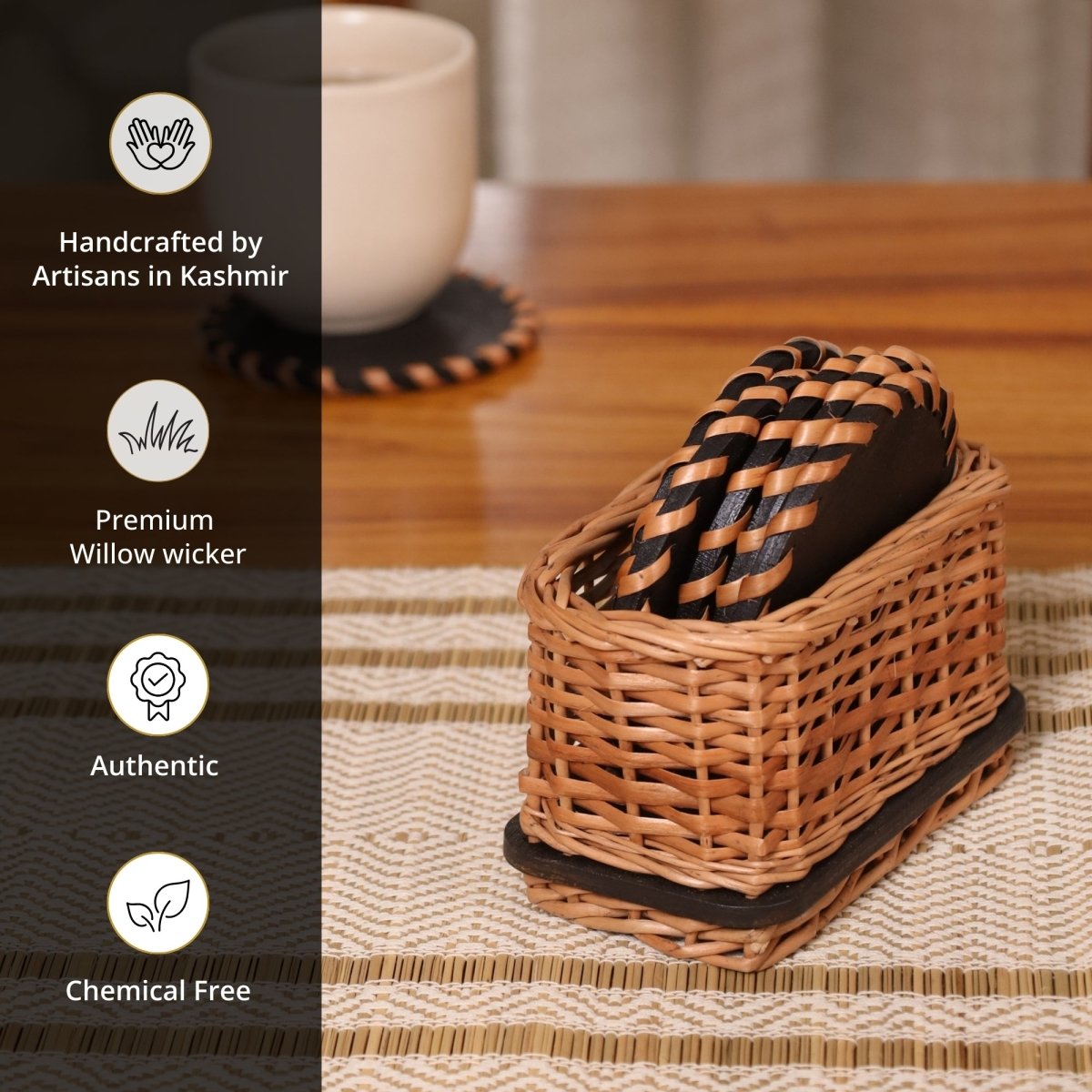 Coasters in Wicker and Wood | Set of 6 | Dining and Coffee Table | Eco friendly Heat resistant and Durable | Handmade in India - Set of 6