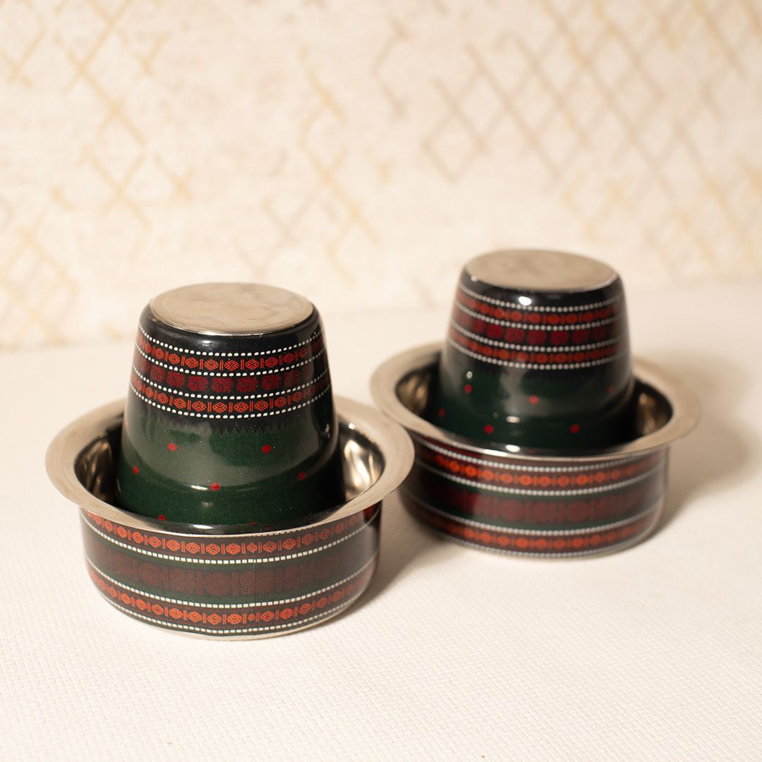 Handcrafted pure brass kitchen masala box with Kanjeevaram-inspired etching, adding timeless Indian elegance.