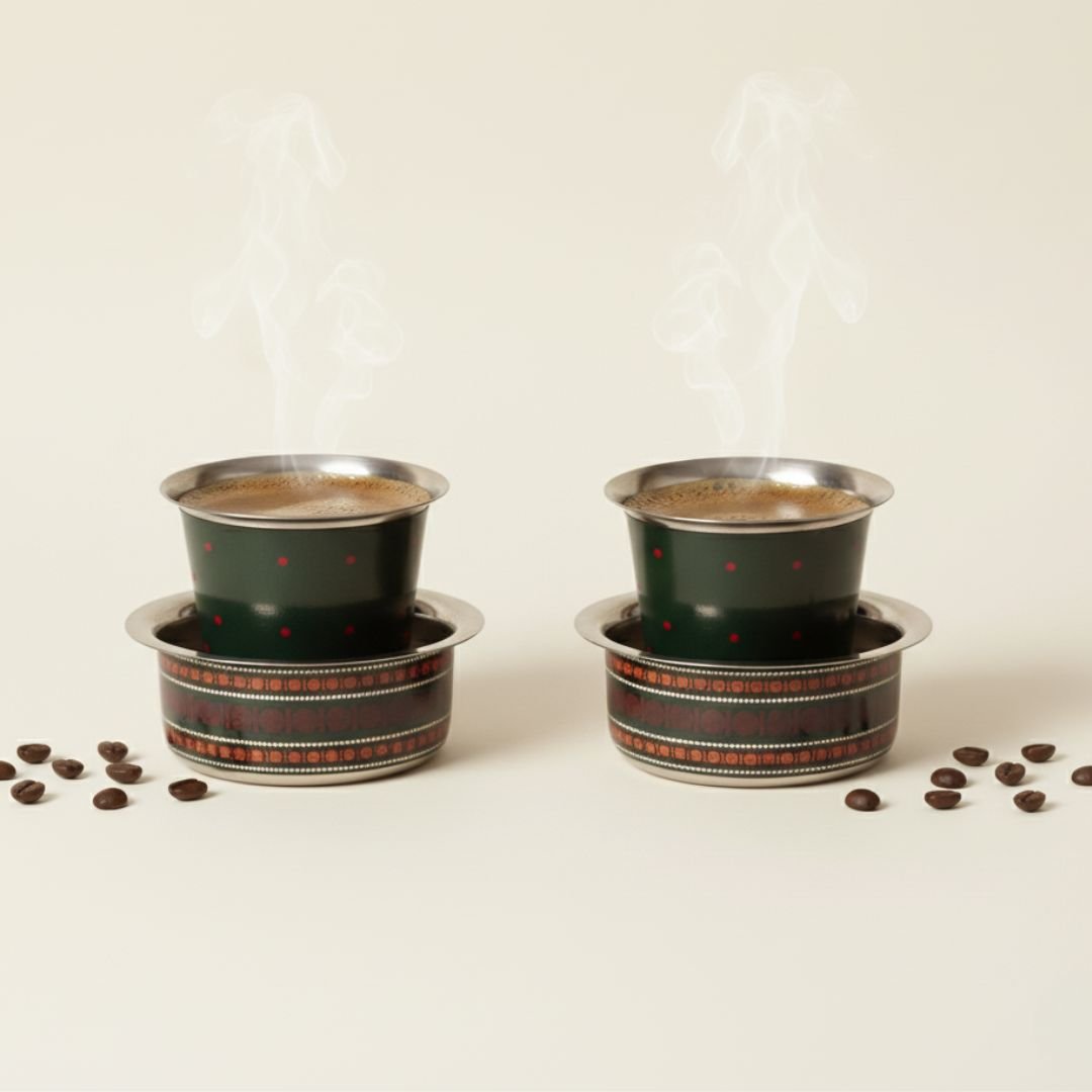 Coffee Dabara Set made in Steel with Enamel work in a Kanjeevaram design theme| Coffee Mug & Bowl